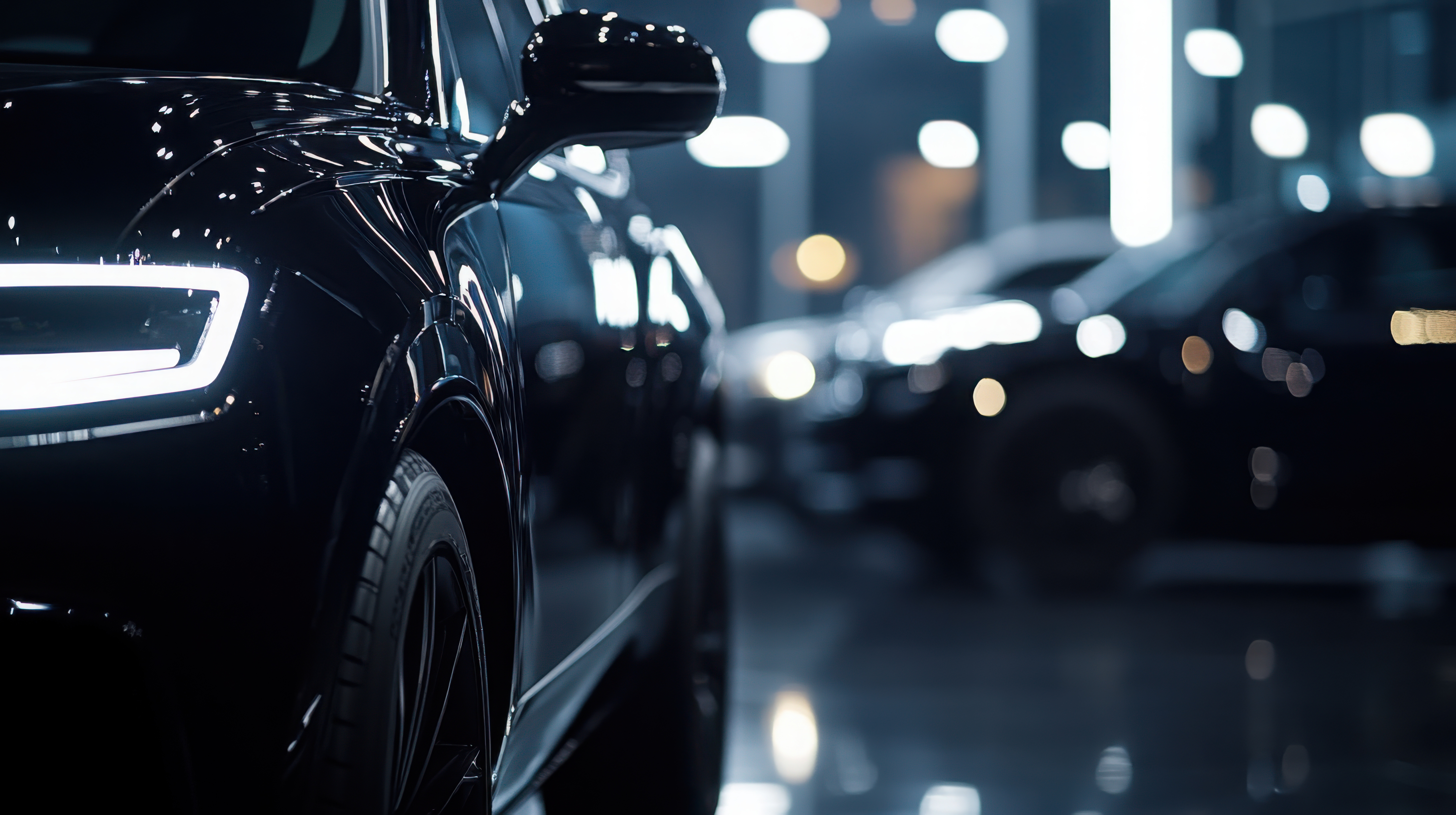 Black automotive in lights at night